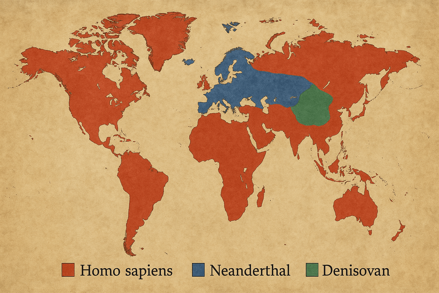 carte du monde avec les régions occupées par sapiens, neanderthal, et les denisoviens